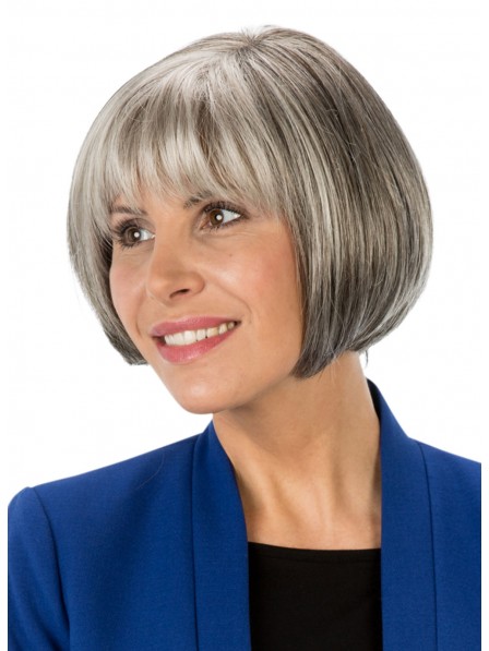 Classic Chin Length Salt and Pepper Bob Wig with Full Bangs, Chin ...