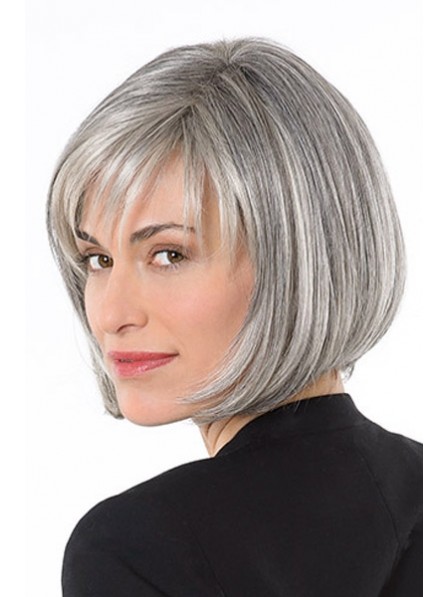 Lace Front Mono Grey Straight Synthetic Hair Wig, Chin Length Wigs ...